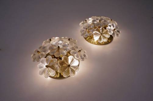 Glass flowers & brass pair wall lights by Ernst Palme, 1970`s ca, German